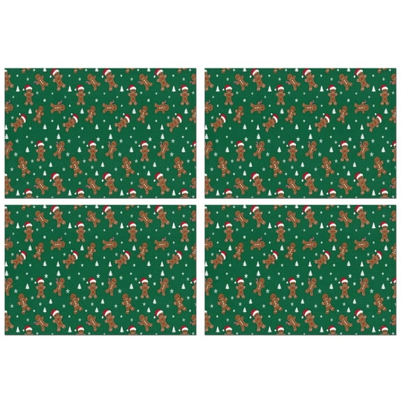 Green Christmas Gingerbread Man Pattern Summer Placemats Table Placemats Set Of 4-Linen Kitchen Washable Placemats Table Mats 11.8"x17.7" Non-Slip Heat Resistant