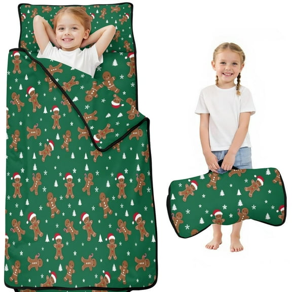 Green Christmas Gingerbread Man Pattern Toddler Nap Mats for Kids Preschool,51"x22" Sleeping Mat Bag or Kids,Toddler Sleeping Bag,Toddler Nap Mat or Daycare