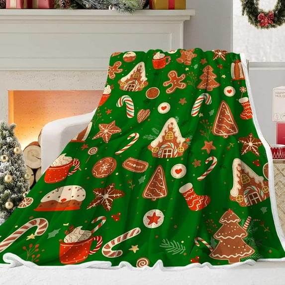 Green Christmas Gingerbread Man Throw Blanket, Winter Cute Star Snowflakes Candy Cane Throws Blankets, Xmas Soft Lightweight Holiday Blanket for Couch Sofa Bed Chair Living Rooms Decor 40X50IN