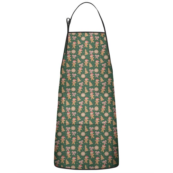Green Christmas Gingerbread and Tree Pattern Apron-Garden Aprons for Women with Pockets-Cotton Linen Waterproof Kitchen Cooking Gardening Aprons Adjustable for Kitchen,Cooking,BBQ and Salon 33"x27"