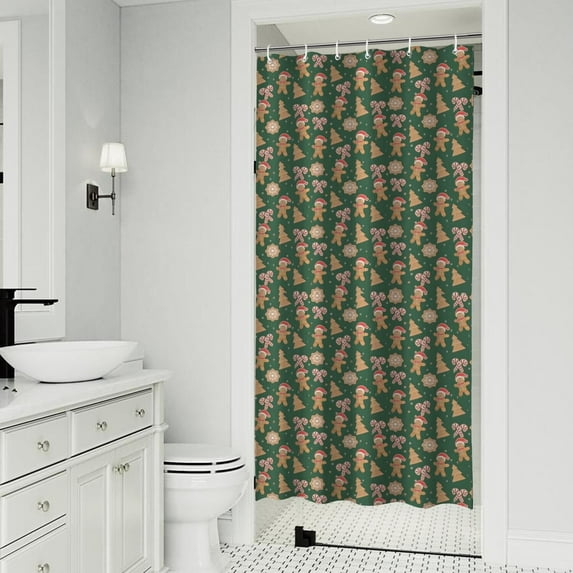 Green Christmas Gingerbread and Tree Pattern Shower Curtain 36"x72" ,Bathroom Decorative Shower Curtains Set with 12 Hooks,Modern Waterproof Washable Shower Curtain