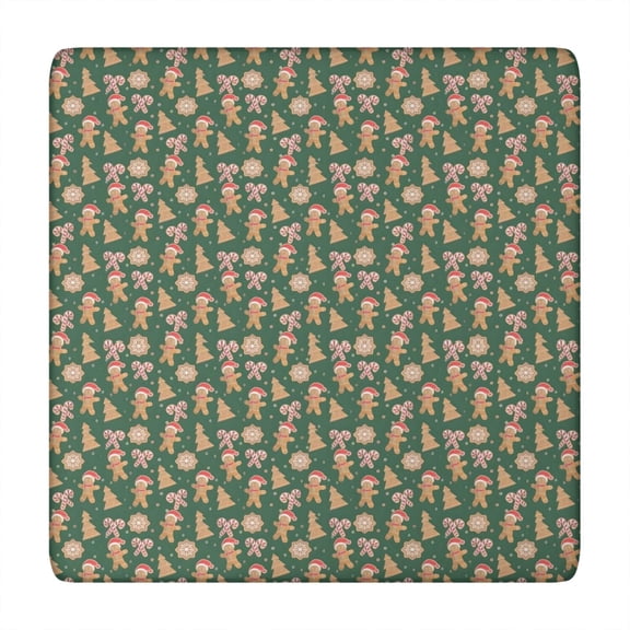 Green Christmas Gingerbread and Tree Pattern Square Fitted Tablecloth with Elastic Edge,Square Table Cover,Washable Elastic Table Cover for Home Kitchen Party Decor 34"x34"