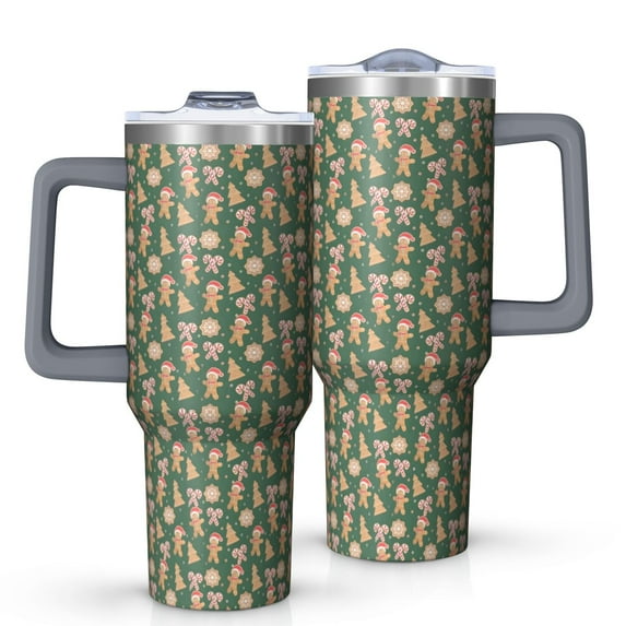Green Christmas Gingerbread and Tree Pattern Tumbler with Handle and Lid,40oz Double Wall Vacuum Insulated Tumbler,Cups Gift for Women and Men