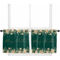 Green Christmas Kitchen Curtain 2 Panels Tiers Curtains 24 Inch Length, Xmas Botanical Pine Needle Balls Curtains Rod Pocket Curtains Window Drapes Treatment Window Cafe Curtains
