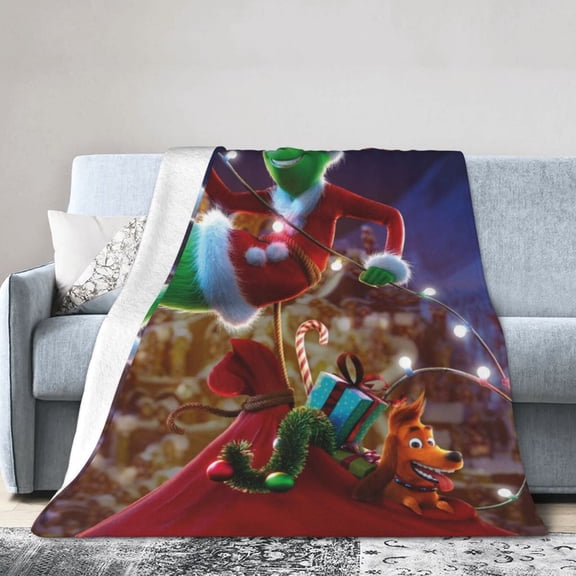 Green Christmas Monster Flannel Blanket, Soft Cozy Throw for Sofa, Bed, Travel & Holiday Gift