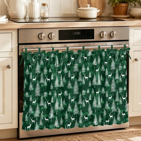 Green Christmas Oven Skirt Curtain 27"Wx20"L, Waterproof Ruffled Stove Cover Skirt with 8 Ribbon Ties, Xmas Tree Elk Christmas Decorative Oven Door Curtain for Kitchen Dishwasher Cabinet