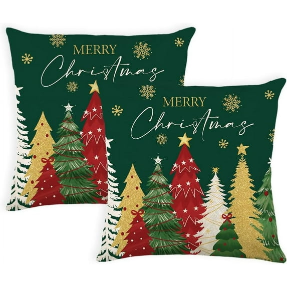 Green Christmas Pillow Covers 18 x 18 Inch Set of 2 Colorful Christmas Trees Gold Snowflake Throw Pillow Covers Xmas Winter Holiday Decorative Pillow Covers Cushion Cases for Sofa Couch