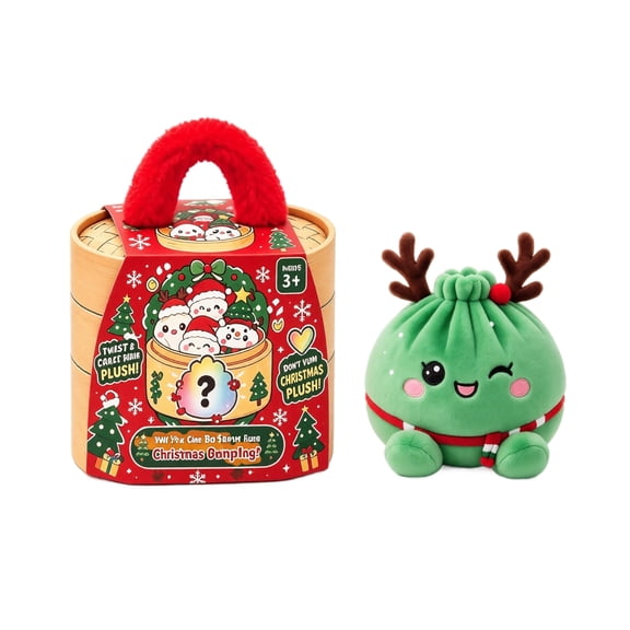 Green Christmas Plush Dumplings Squishy Toys with Simulated Steamer Fuzzy Handle Reindeer Antlers Scarf Jumbo Stress Relief Ball for Party Holiday & Christmas Gifts