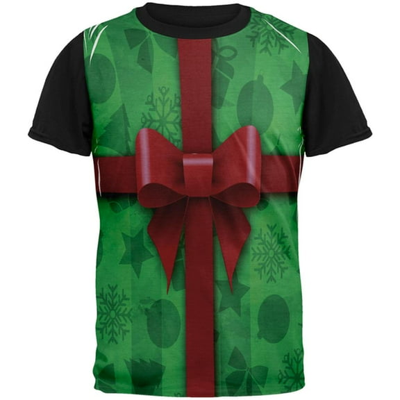 Green Christmas Present Costume All Over Mens Black Back T Shirt Multi MD