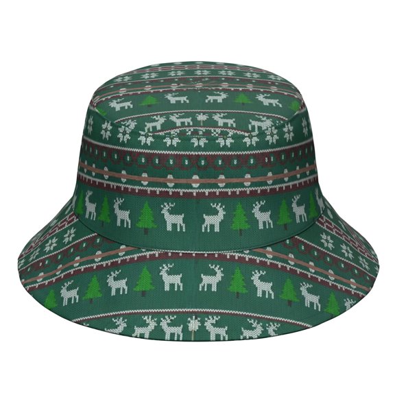 Green Christmas Reindeer and Snowflake Pattern Bucket Hat, Fishing Hiking Cap with Wide Brim & Breathable Fabric, Polyester Twill Gifts for Unisex Men Women