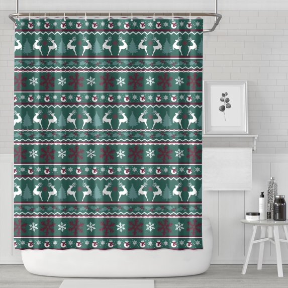 Green Christmas Reindeer and Snowflake Pattern Shower Curtain 84"x72" ,Bathroom Decorative Shower Curtains Set with 12 Hooks,Modern Waterproof Washable Shower Curtain