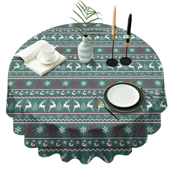 Green Christmas Reindeer and Snowflake Pattern Round Tablecloth 60"x60",Wrinkle Wipeable Table Cloth for Kitchen Dining Room Picnic Patio Party