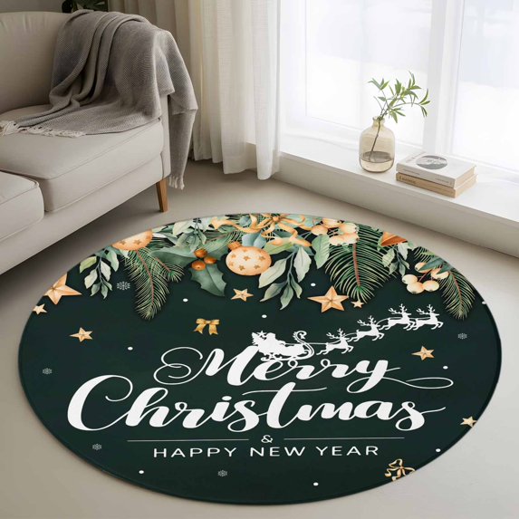 Green Christmas Round Area Rug 3.3Ft Washable Circle Rugs for Dining Room Table, Xmas Botanical Ball Bell Non-Slip Carpet Floor Mats Indoor Outdoor Carpet Runner Aesthetic Home Decor