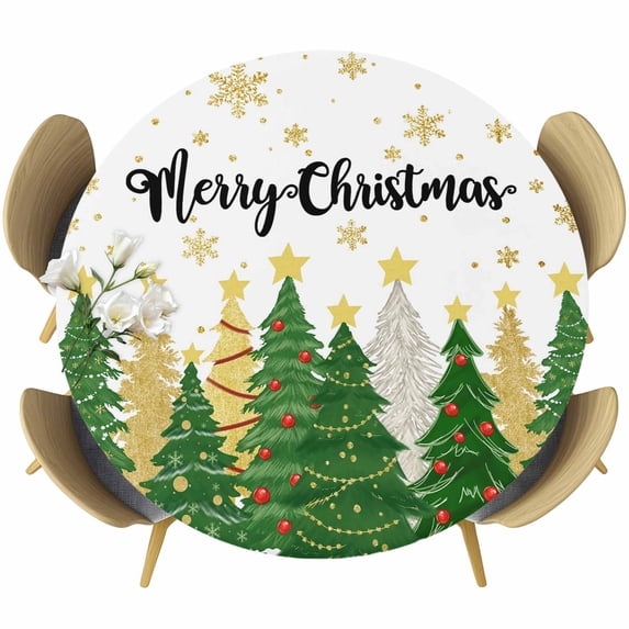 Green Christmas Round Tablecloth, Fitted Table Cover with Elastic for 36"-44" Round Tables, Xmas Tree Snowflake Stars Winter Table Cloth Outdoor Indoor Dinning Party Waterproof Tablecloths