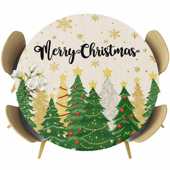 Green Christmas Round Tablecloth, Fitted Table Cover with Elastic for 55"-60" Round Tables, Xmas Tree Snowflake Stars Winter Rustic Table Cloth Outdoor Indoor Dinning Party Waterproof Tablecloths