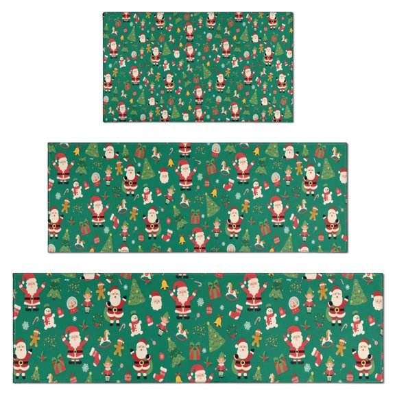 Green Christmas Santa and Icon Pattern Kitchen Rugs Sets Of 3,Kitchen Runner Rugs Non Skid Washable,Decorative Kitchen Floor Mats for Kitchen,Sink,Laundry,17"x30"+ 17"x47" + 17"x59"