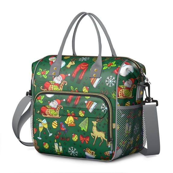 Green Christmas Santa and Snowman Pattern Womens Lunch Box for Work,Insulated Large Lunch Bag for Tween and Teen,Loncheras Para Mujer,Leakproof Adult Lunch Bag for Work,Beach,Travel,Picnic,Camping