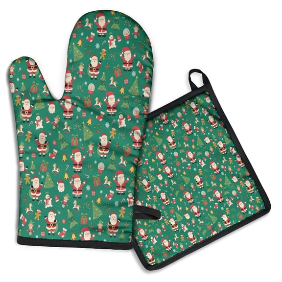Green Christmas Santa and Icon Pattern Kitchen Oven Mitt and Pot Holder Sets 2 Pcs for Baking, Cooking and Grilling, Heat Resistant Up To 392 °F