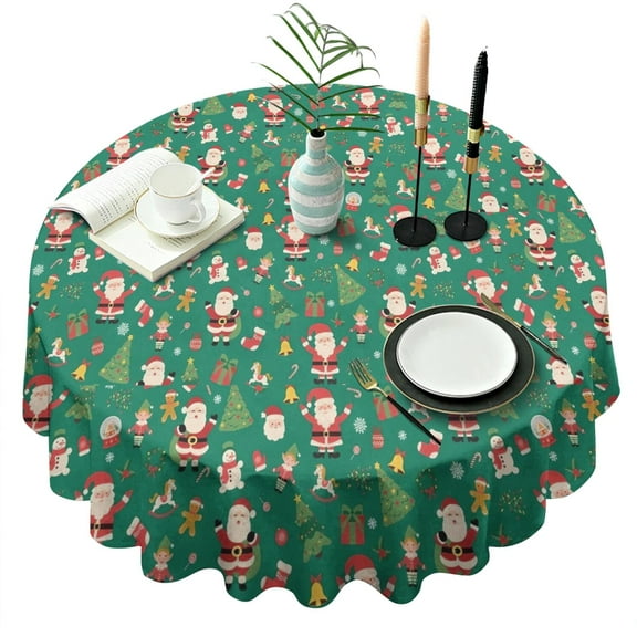 Green Christmas Santa and Icon Pattern Round Tablecloth 60"x60",Wrinkle Wipeable Table Cloth for Kitchen Dining Room Picnic Patio Party