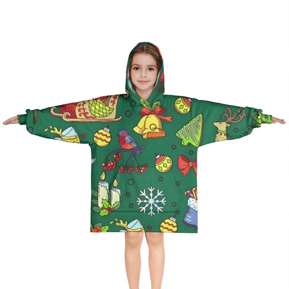 Green Christmas Santa and Snowman Pattern Blanket Hoodies for Kids 6-13YR Oversize Wearable Blanket Hoodies for Boys Girls Teens