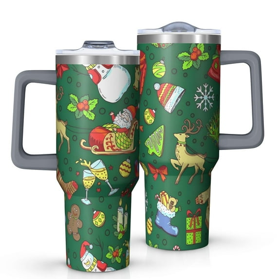 Green Christmas Santa and Snowman Pattern Tumbler with Handle and Lid,40oz Double Wall Vacuum Insulated Tumbler,Cups Gift for Women and Men