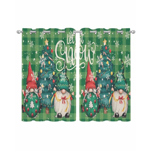 Green Christmas Sheer Curtains 39 Inch Length 2 Panels Set for Living Room/Bedroom, Winter Gnomes Snowflakes Pine Tree Grid Kitchen Curtains Grommet Semi-Sheer Curtains Window Treatments 27.5"x39"x2