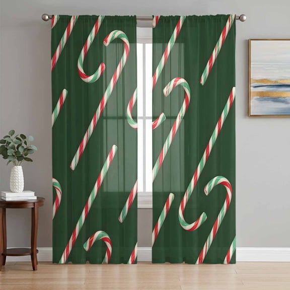 Green Christmas Sheer Curtains 84 Inch Length 2 Panels Set, Winter Xmas Candy Cane Textured Voile Window Treatment Rod Pocket Curtains Sheers Drapes for Bedroom/Living Room/Kitchen 52"x84"x2