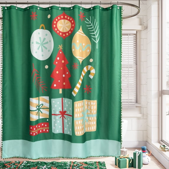 Green Christmas Shower Curtain,Cute Xmas Tree and Gift Box Pattern with Pop Tassels,Slub Textured Fabric Bathroom Curtain,Water Repellent,72"×72"