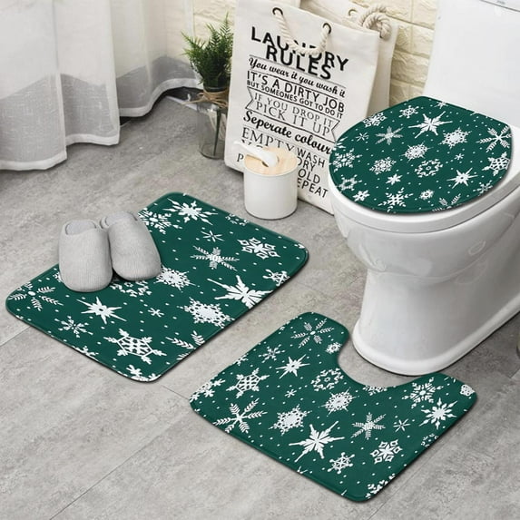 Green Christmas Snowflake Pattern Bathroom Rugs Sets 3 Piece,Toilet Cover Set,Absorbent Non Slip Bathroom Mats Sets with U-Shaped Contour Rug Toilet Rug Set