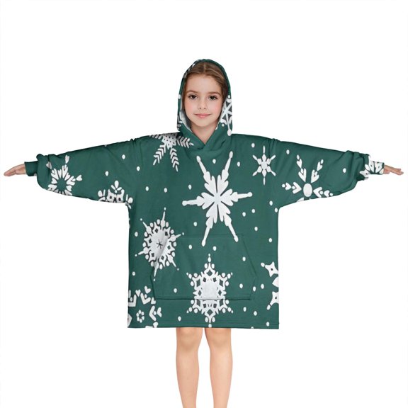 Green Christmas Snowflake Pattern Blanket Hoodies for Kids 6-13YR Oversize Wearable Blanket Hoodies for Boys Girls Teens