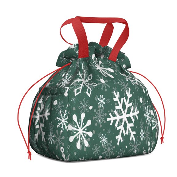 Green Christmas Snowflake Pattern Drawstring Lunch Bag Women - Drawstring Lunch Bag Insulated for Work Office - Stain-Resistant Large Lunchbags for Women with Multi-Pockets
