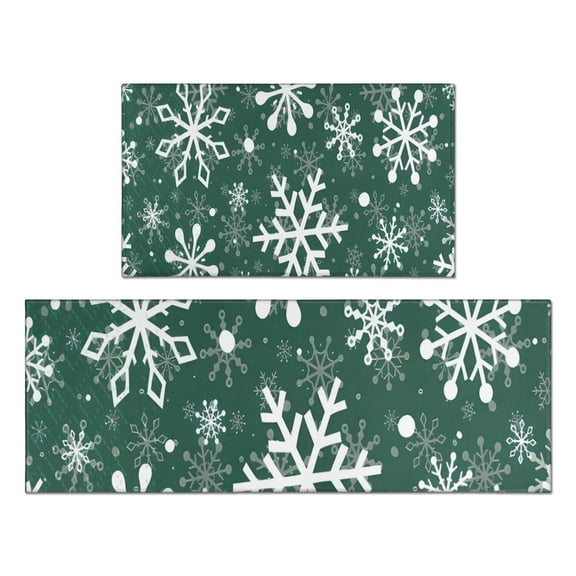 Green Christmas Snowflake Pattern Kitchen Rugs Sets Of 2,Anti Fatigue Kitchen Mat Rugs Non Slip Washable,Decorative Kitchen Floor Mats for Kitchen,Sink,Laundry,17"x30"+17"x47"