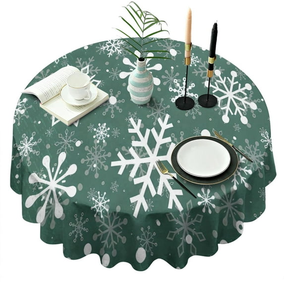Green Christmas Snowflake Pattern Round Tablecloth 60"x60",Wrinkle Wipeable Table Cloth for Kitchen Dining Room Picnic Patio Party