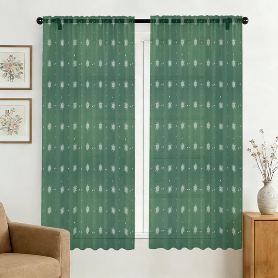 Green Christmas Snowflake Pattern Sheer Curtains, Voile Drapes with ...