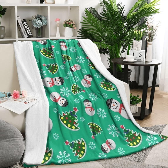 Green Christmas Snowman Pattern Blanket,Comfortable Soft Flannel Throw Blanket,All Season,Warm Lightweight Blankets for Sofa Bed Couch Living Room Chair,50"x60"
