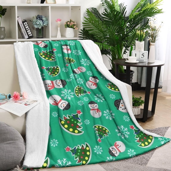 Green Christmas Snowman Pattern Blanket,Comfortable Soft Lamb Wool Throw Blanket,All Season,Warm Lightweight Blankets for Sofa Bed Couch Living Room Chair,40"x50"