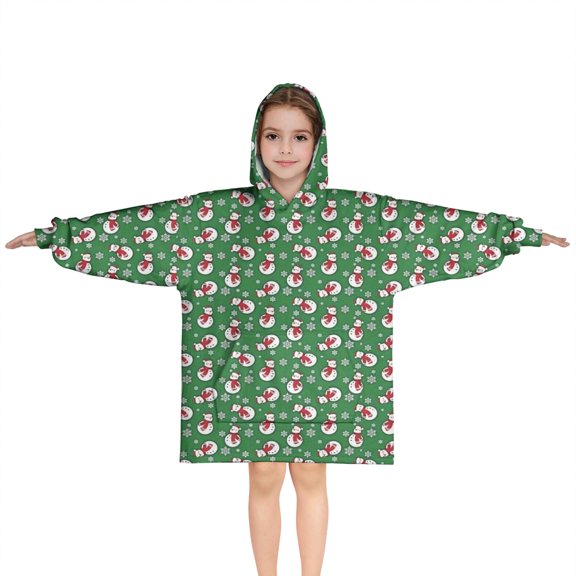 Green Christmas Snowman Pattern Blanket Hoodies for Kids 6-13YR Oversize Wearable Blanket Hoodies for Boys Girls Teens