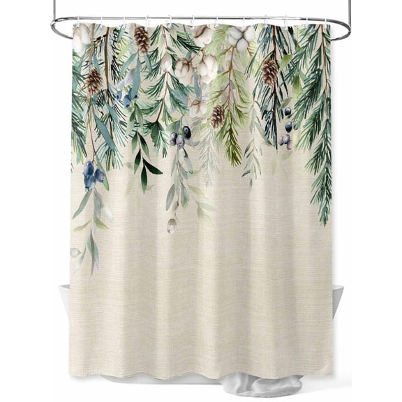 Green Christmas Standard Shower Curtain Set, Waterproof Shower Curtains for Bathroom, Farmhouse Weeping Berry Pine Cones Washable Fabric Cloth Bath Curtain for Bathtub with Hooks 72x72 Inches