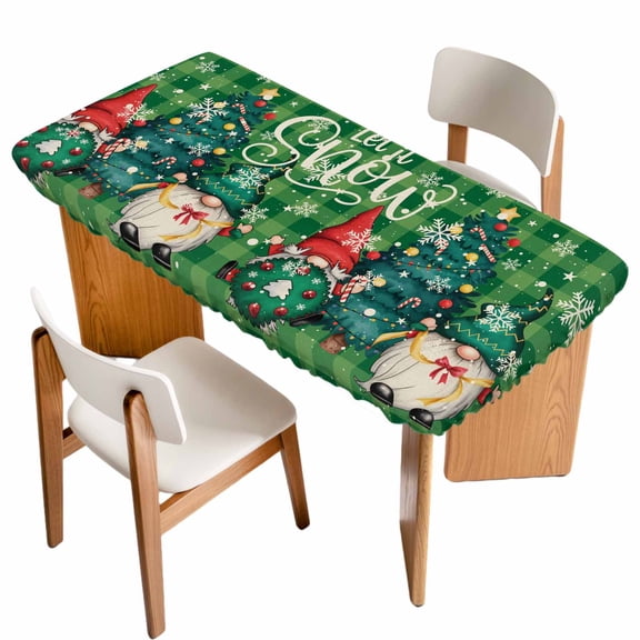 Green Christmas Table Cloths for 4 Foot Rectangle Tables, Winter Gnomes Snowflakes Pine Tree Grid Patio Waterproof Elastic Fitted Tablecloths, Washable Rectangular Table Cover for Camping