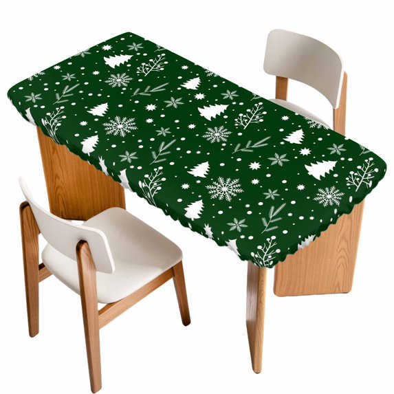 Green Christmas Table Cloths for 5 Foot Rectangle Tables, Xmas Tree Snowflakes Winter Holiday Patio Waterproof Elastic Fitted Tablecloths, Washable Rectangular Table Cover for Camping