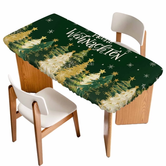 Green Christmas Table Cloths for 6 Foot Rectangle Tables, Xmas Tree Snowflake Farmhouse Patio Waterproof Elastic Fitted Tablecloths, Washable Rectangular Table Cover for Camping
