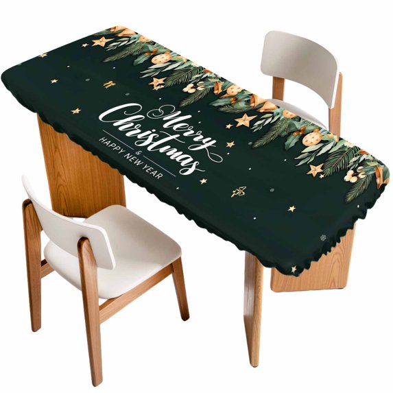 Green Christmas Table Cloths for 8 Foot Rectangle Tables, Xmas Botanical Ball Bell Patio Waterproof Elastic Fitted Tablecloths, Washable Rectangular Table Cover for Camping