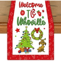 Green Christmas Table Runner 13x72 Inch Welcome to Villege Christmas Table Runner Decorations Soft and Funny Xmas Table Cover for Xmas Winter Holiday Home Kitchen Dinner Room Party Decor