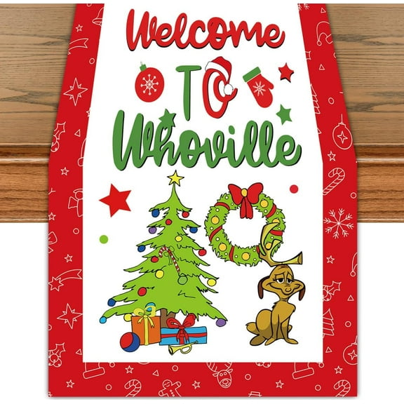 Green Christmas Table Runner 13x72 Inch Welcome to Villege Christmas Table Runner Decorations Soft and Funny Xmas Table Cover for Xmas Winter Holiday Home Kitchen Dinner Room Party Decor