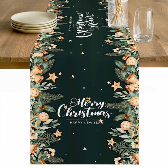 Green Christmas Table Runner 60 Inches Long Farmhouse Dress Scarves, Xmas Botanical Ball Bell Dining Tablerunner for Coffee Table/Kitchen Island/Party Décor, 13" x 60"