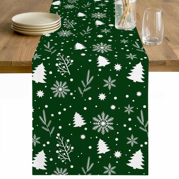 Green Christmas Table Runner 70 Inches Long Farmhouse Dress Scarves, Xmas Tree Snowflakes Winter Holiday Dining Tablerunner for Coffee Table/Kitchen Island/Party Décor, 13" x 70"