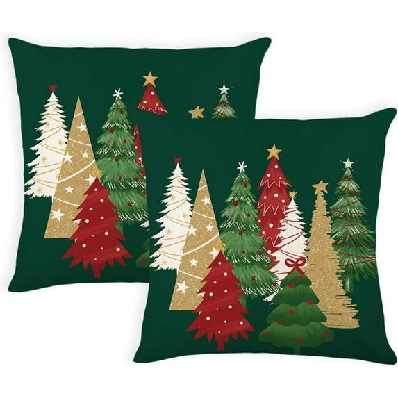 Green Christmas Throw Pillow Covers 16 x 16 Inch Set of 2 Red White Gold Colorful Christmas Trees Christmas Pillow Covers Xmas Winter Holiday Decorative Pillow Covers Cushion Cases for Sofa Couch