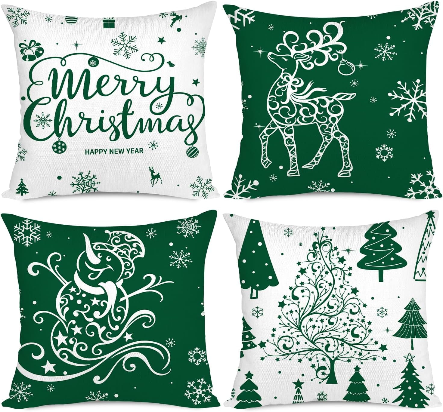 Green Christmas Throw Pillow Covers 20x20 Set of 4 Christmas Decoration Trees Deer Snowman Merry Christmas Decorative Holiday Farmhouse Pillow Covers for Holiday Christmas Decoration