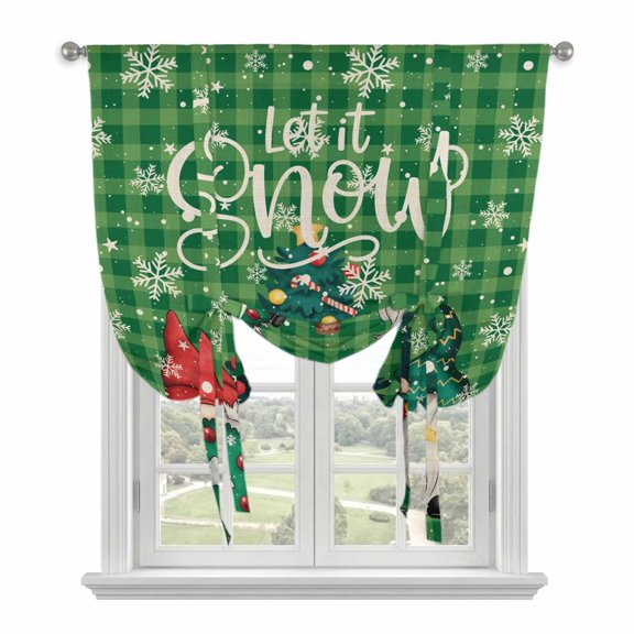 Green Christmas Tie Up Curtains 45 Inches Long, Kitchen Window Curtains Over Sink, Winter Gnomes Snowflakes Pine Tree Grid Small Window Curtains Shade Balloon Curtains Valances for Bedroom 34"x45"