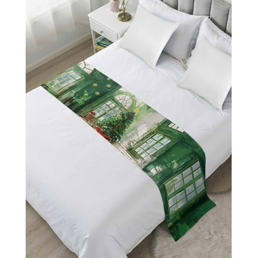 Green Christmas Tree Bed Runner for Cal. King Size Bed, Xmas Tree Snowflake Watercolor Bedspread Protector Slipcover Bed Scarf for Foot Bed Runners & Scarves for Bedroom Hotel 94x20 Inches